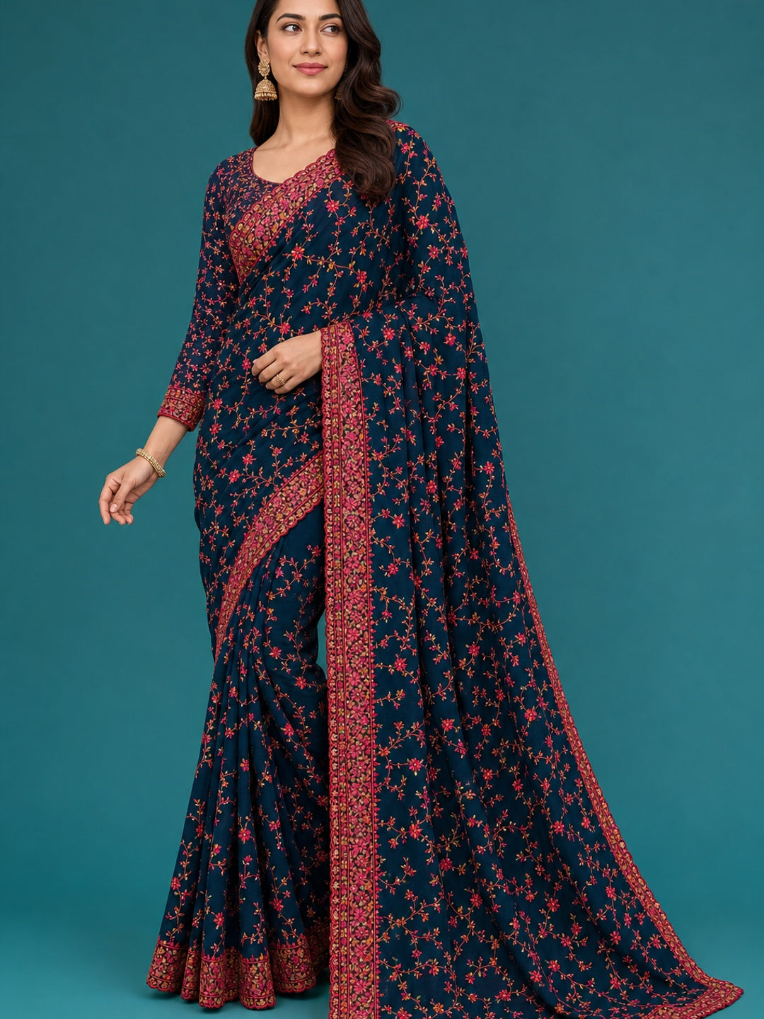 Peachmode Teal Georgette Saree with Kashmiri Embroidery Work - Image 1