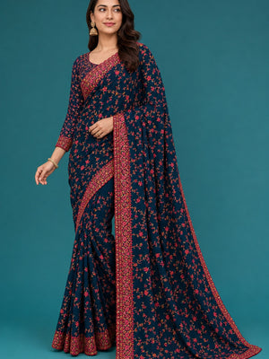 Peachmode Teal Georgette Saree with Kashmiri Embroidery Work - Image 1