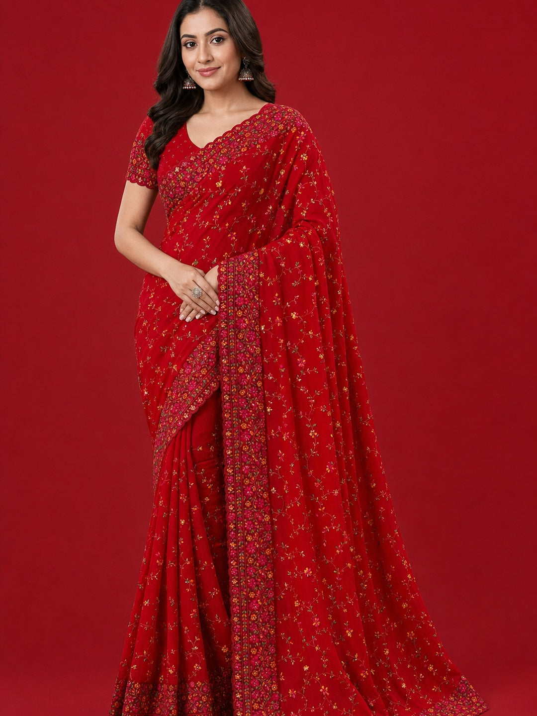 Peachmode Red Georgette Saree with Kashmiri Embroidery Work - Image 1
