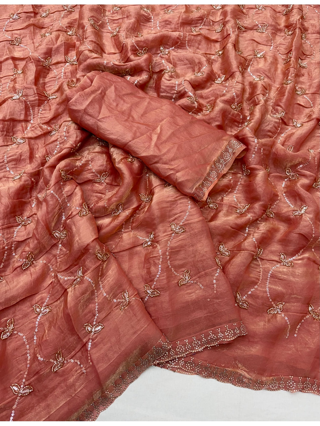 Peachmode Peach Satin Silk Saree with Stone Work Border - Image 3