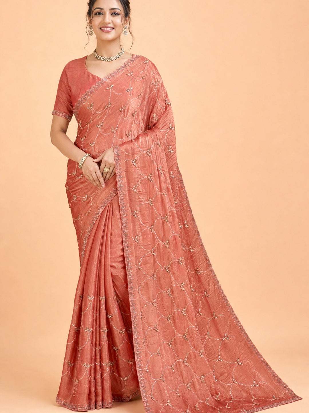 Peachmode Peach Satin Silk Saree with Stone Work Border - Image 1