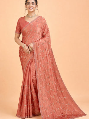 Peachmode Peach Satin Silk Saree with Stone Work Border - Image 1