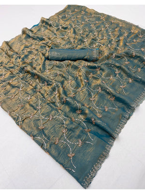 Peachmode Teal Satin Silk Saree with Stone Work Border - Image 3