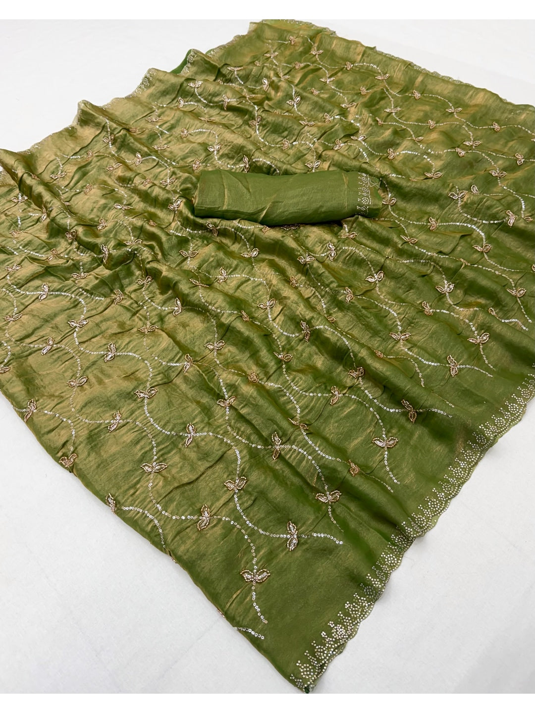 Peachmode Olive Satin Silk Saree with Stone Work Border - Image 3
