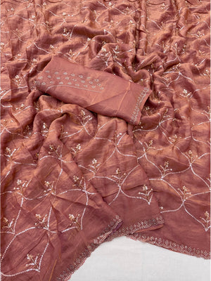 Peachmode Mauve Satin Silk Saree with Stone Work Border - Image 3