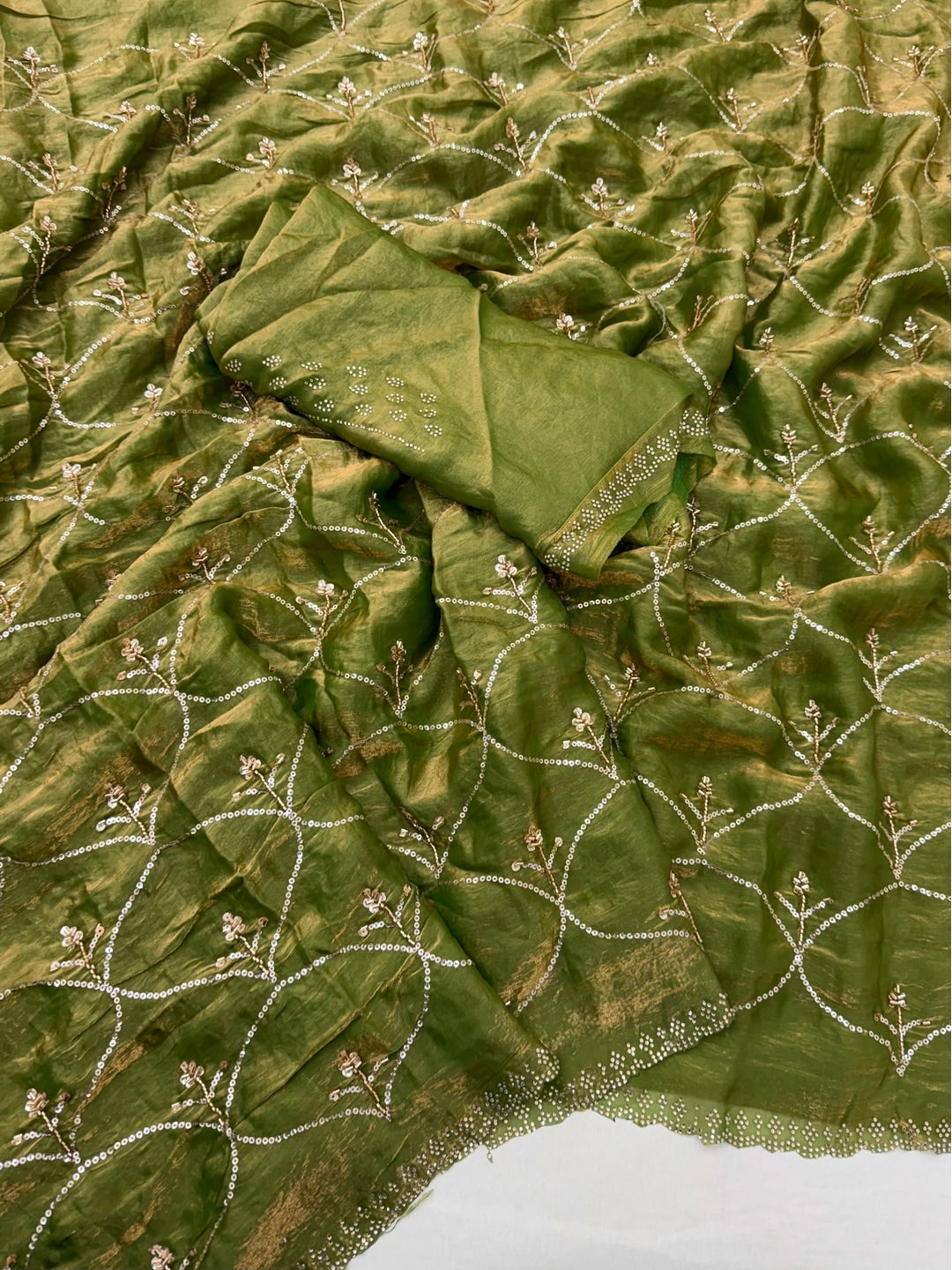 Peachmode Olive Satin Silk Saree with Stone Work Border - Image 2