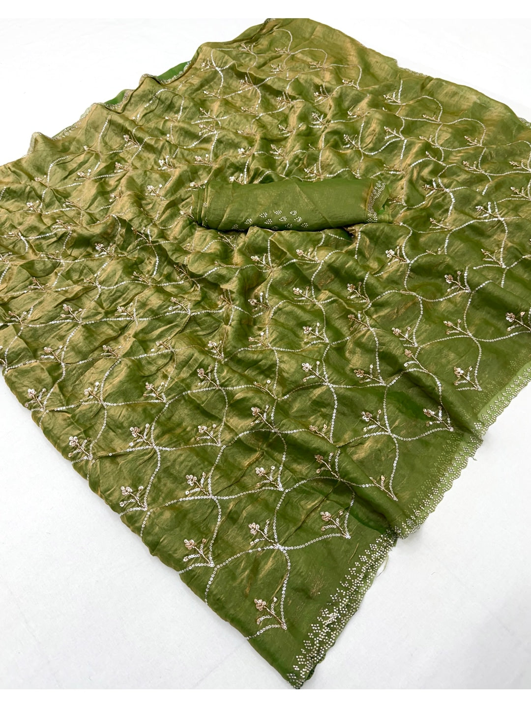 Peachmode Olive Satin Silk Saree with Stone Work Border - Image 3