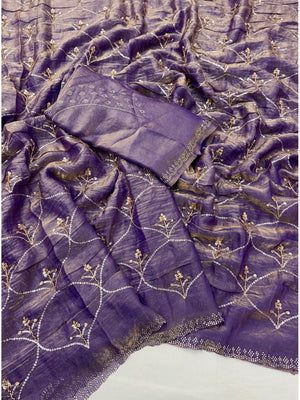 Peachmode Purple Satin Silk Saree with Stone Work Border - Image 2