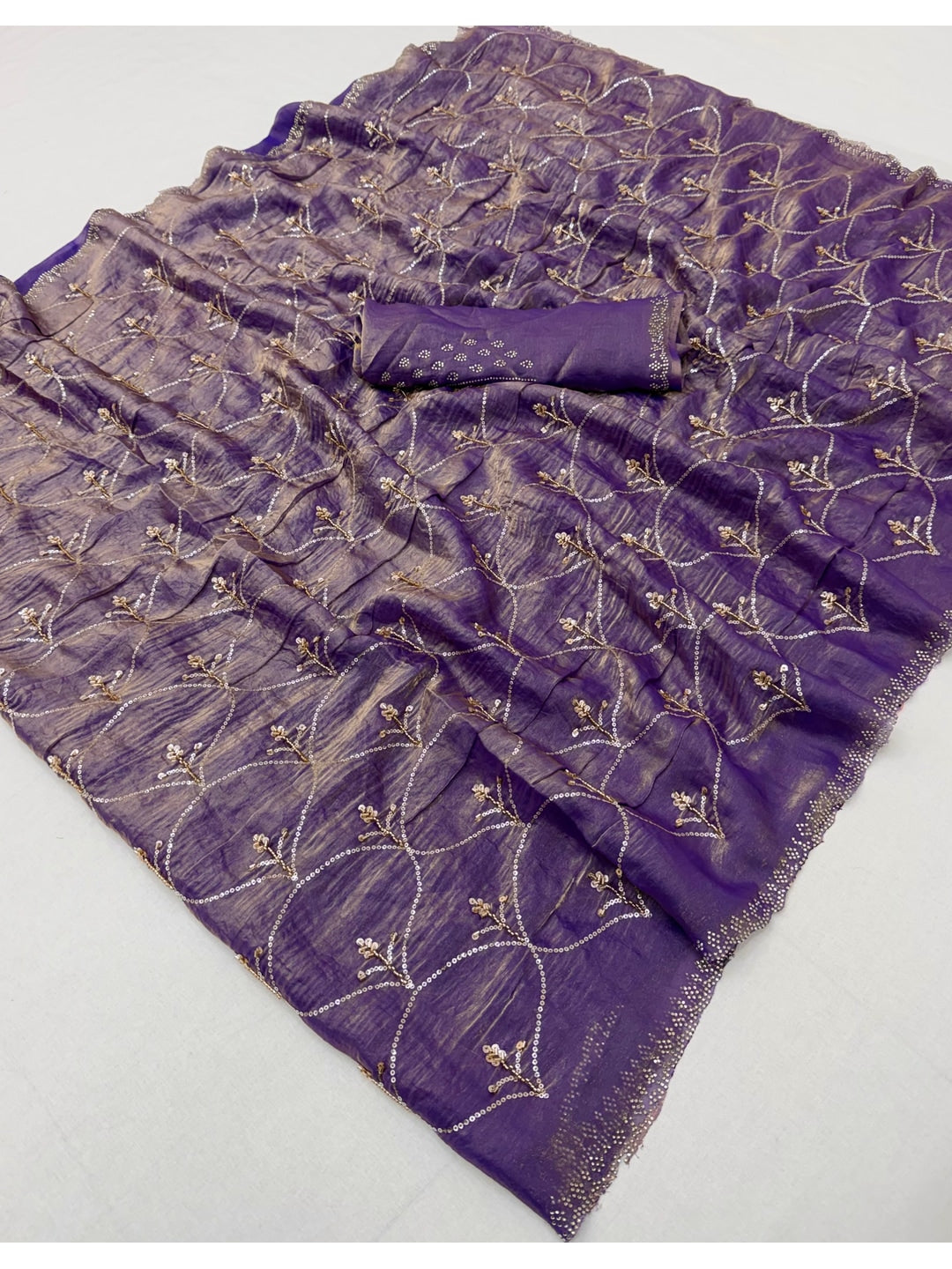 Peachmode Purple Satin Silk Saree with Stone Work Border - Image 3