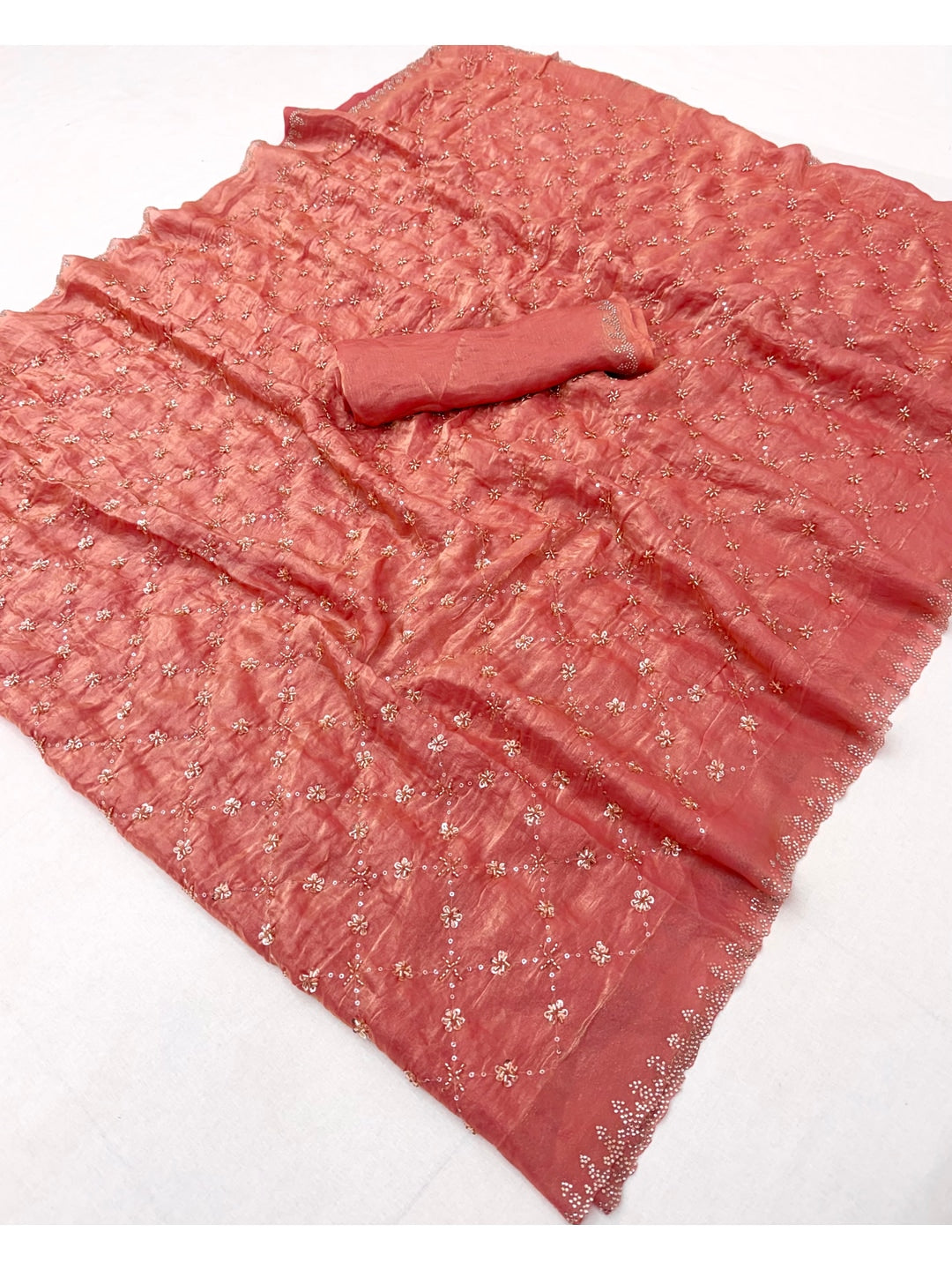Peachmode Peach Satin Silk Saree with Stone Work Border - Image 3