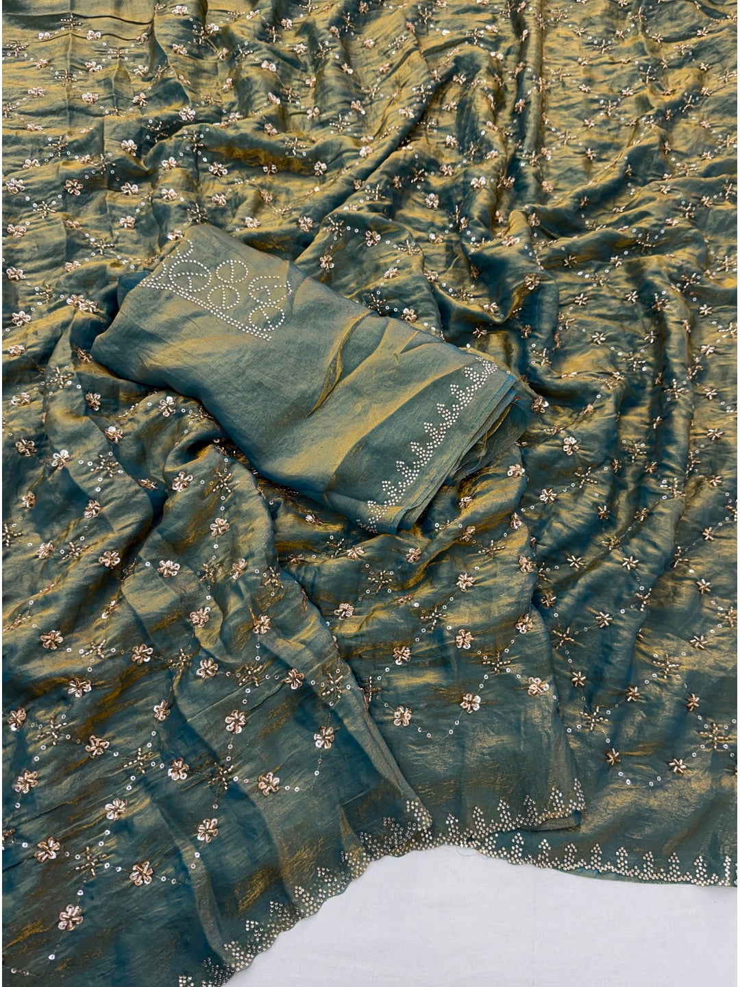 Peachmode Teal Satin Silk Saree with Stone Work Border - Image 2