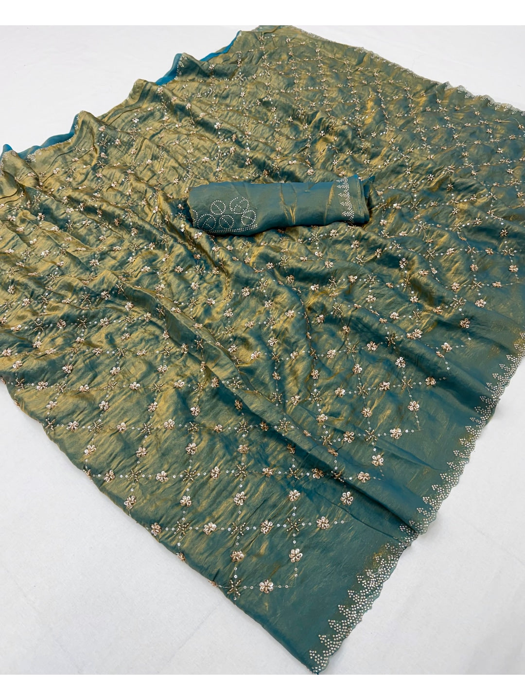 Peachmode Teal Satin Silk Saree with Stone Work Border - Image 3