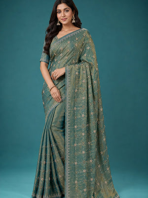Peachmode Teal Satin Silk Saree with Stone Work Border - Image 1