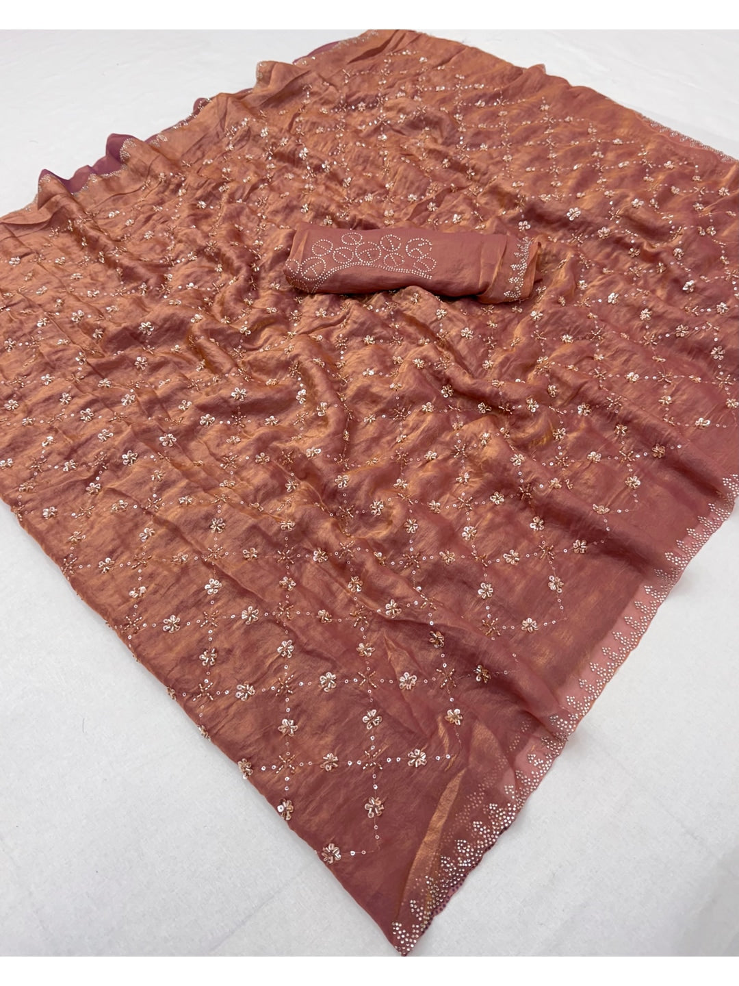 Peachmode Mauve Satin Silk Saree with Stone Work Border - Image 2