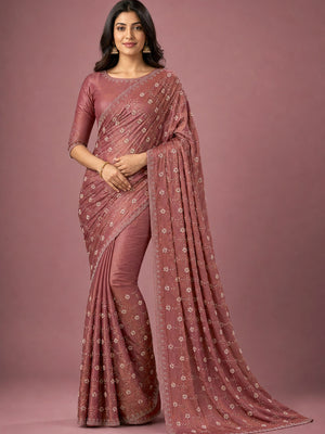 Peachmode Mauve Satin Silk Saree with Stone Work Border - Image 1