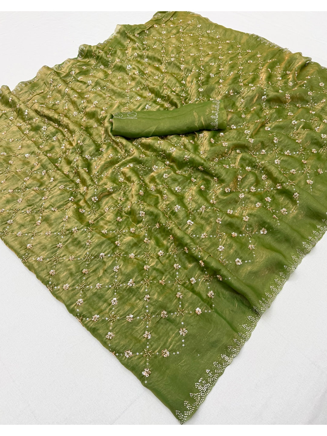 Peachmode Olive Satin Silk Saree with Stone Work Border - Image 3