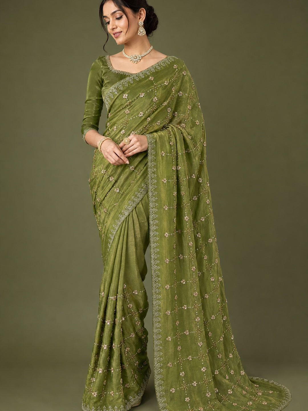 Peachmode Olive Satin Silk Saree with Stone Work Border - Image 1