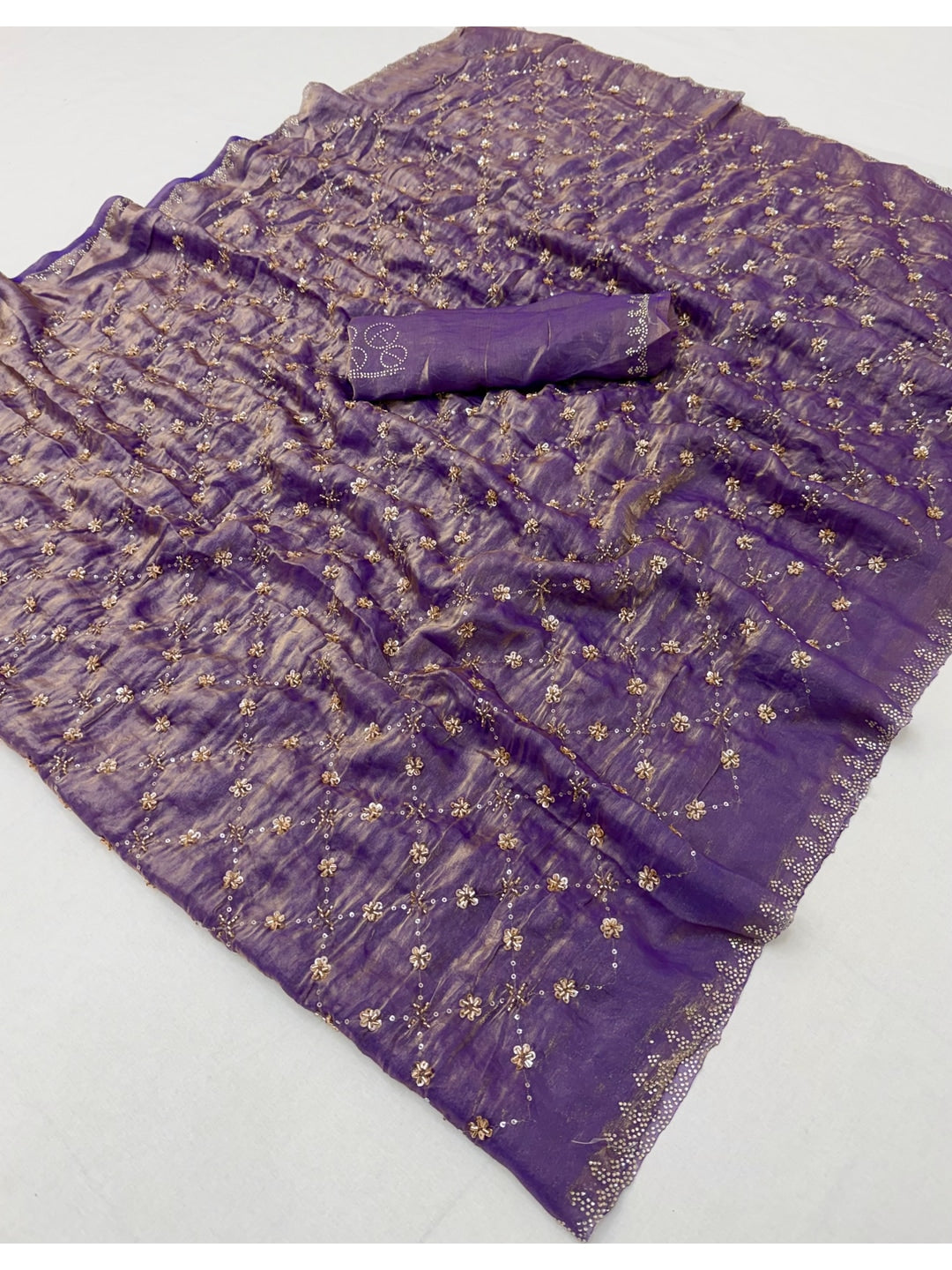 Peachmode Purple Satin Silk Saree with Stone Work Border - Image 3