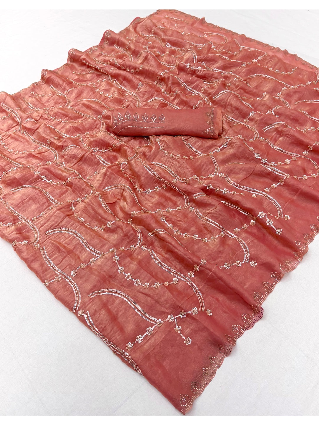 Peachmode Peach Satin Silk Saree with Stone Work Border - Image 2