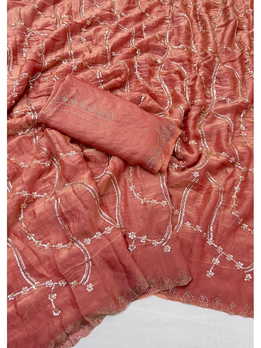 Peachmode Peach Satin Silk Saree with Stone Work Border - Image 3