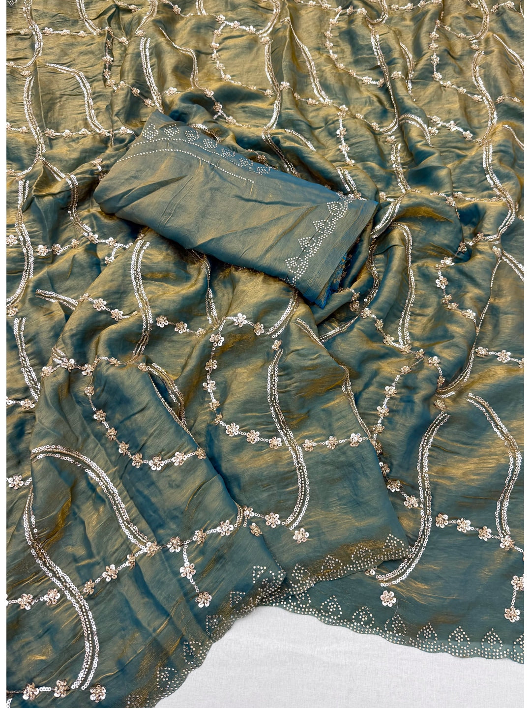 Peachmode Teal Satin Silk Saree with Stone Work Border - Image 2