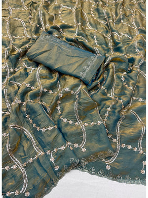 Peachmode Teal Satin Silk Saree with Stone Work Border - Image 2