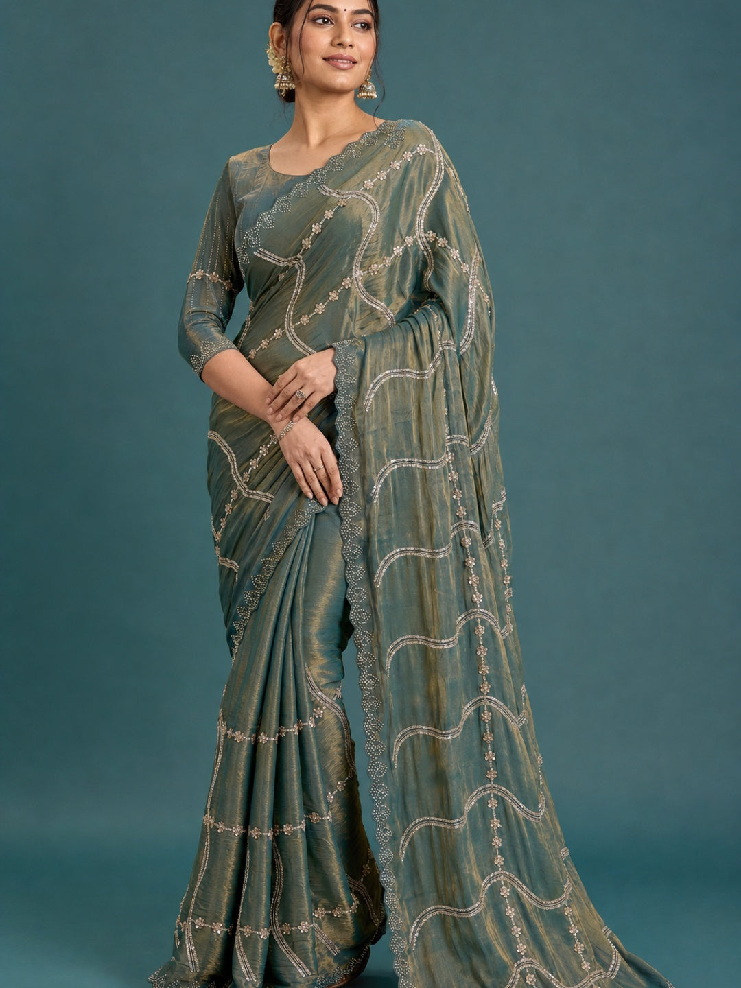 Peachmode Teal Satin Silk Saree with Stone Work Border - Image 1