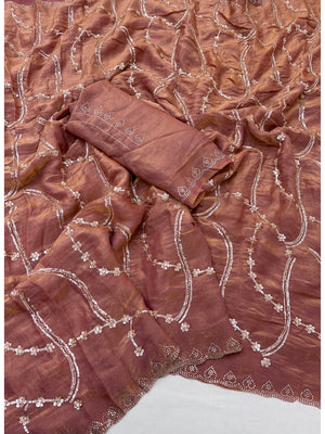 Peachmode Mauve Satin Silk Saree with Stone Work Border - Image 2