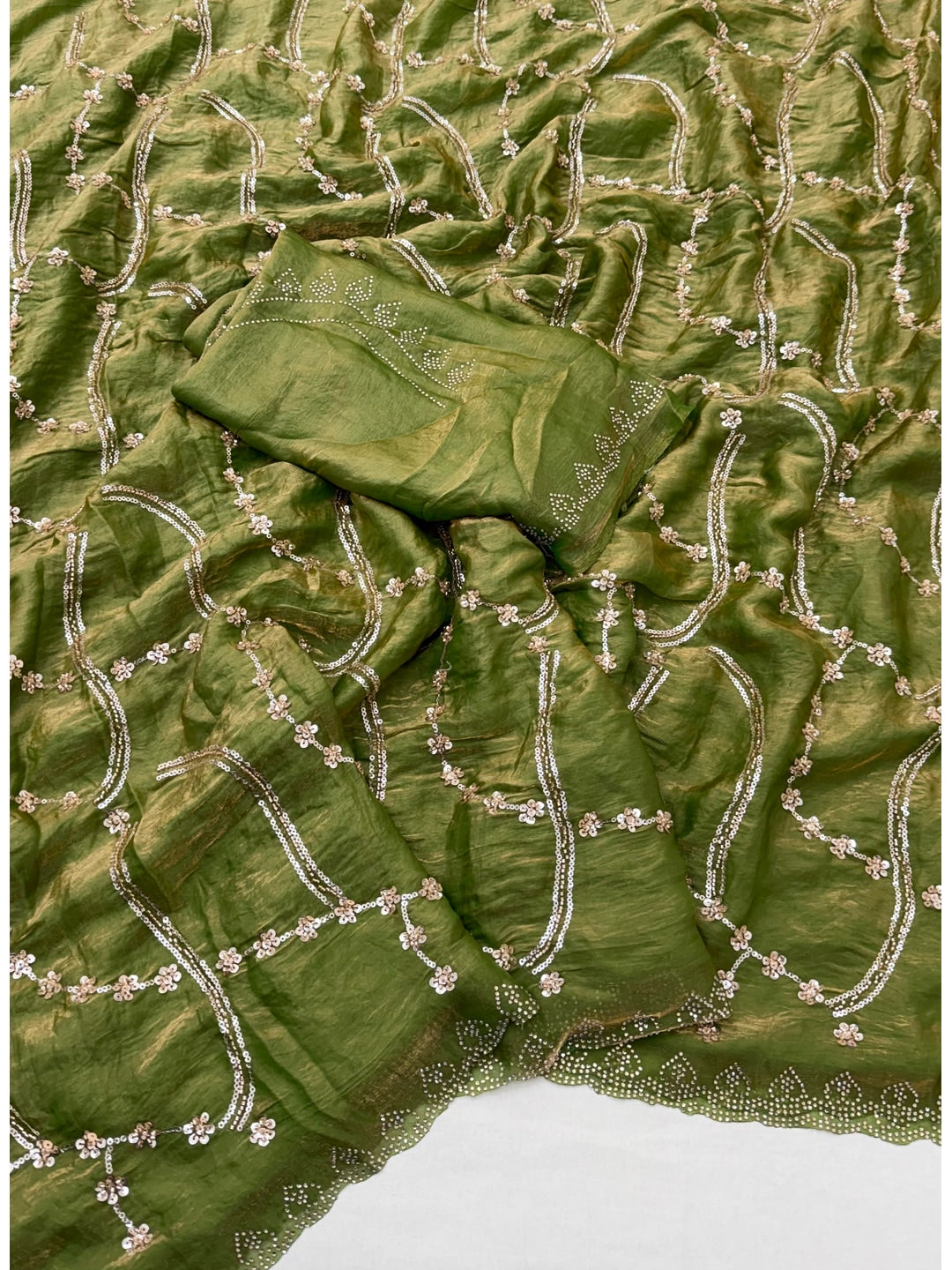 Peachmode Olive Satin Silk Saree with Stone Work Border - Image 3