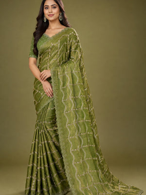 Peachmode Olive Satin Silk Saree with Stone Work Border - Image 1