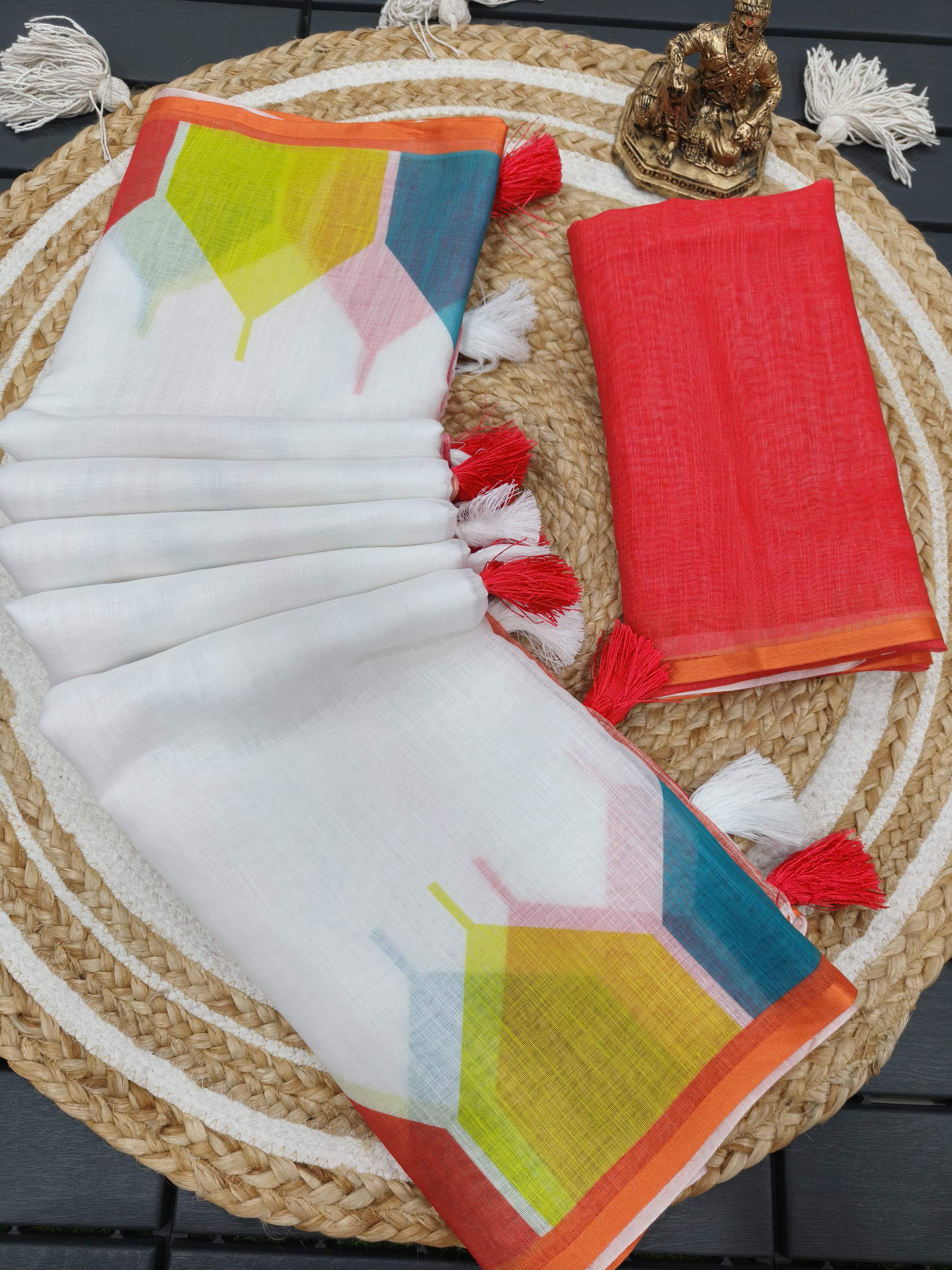 Peachmode Multicolor Linen Cotton Printed Saree - Image 5