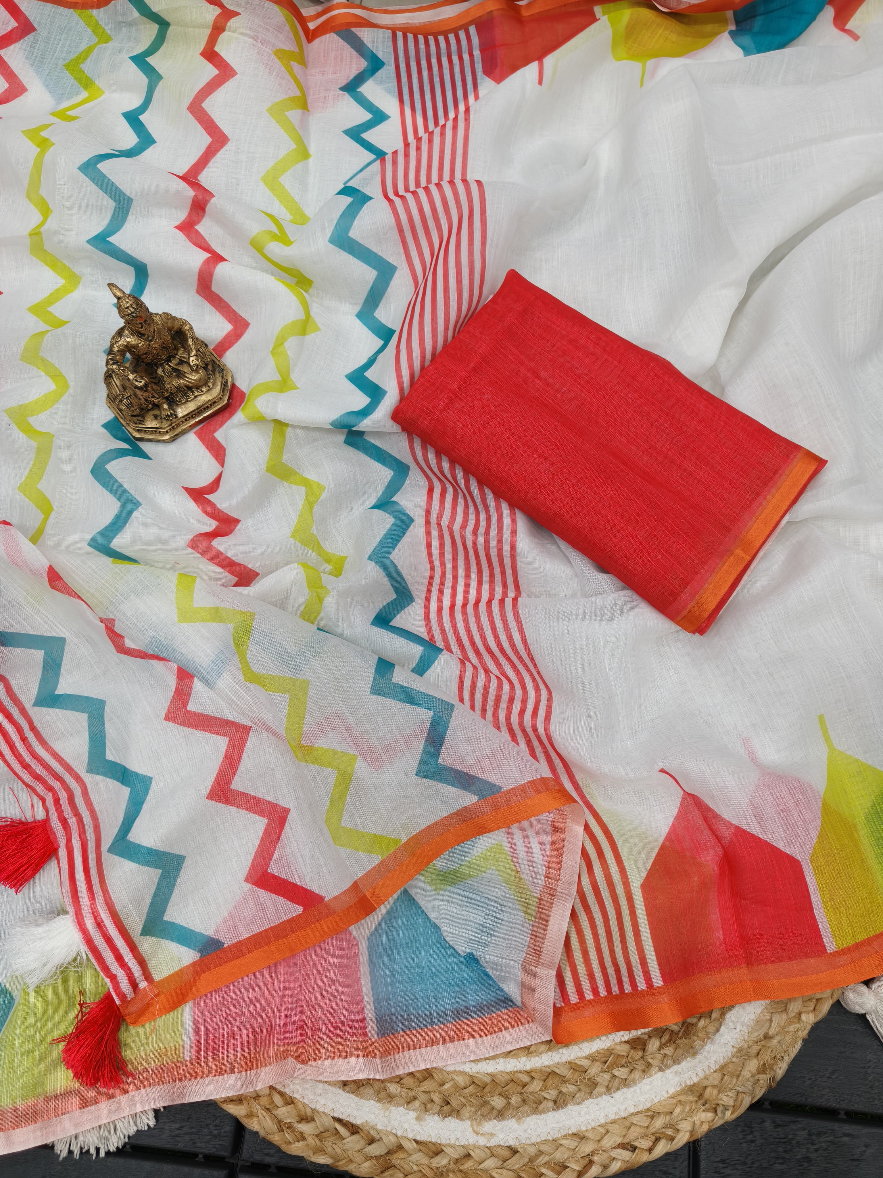Peachmode Multicolor Linen Cotton Printed Saree - Image 6