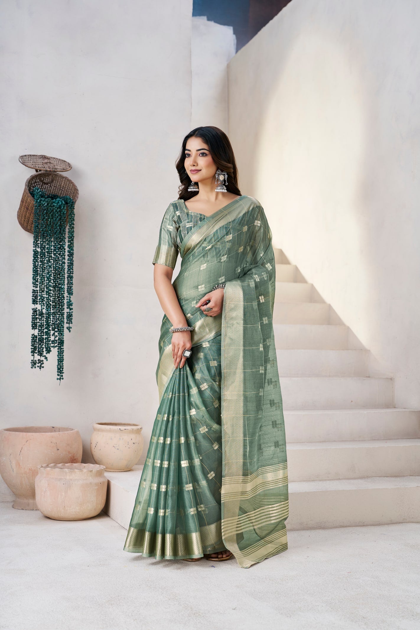 Peachmode Green Linen Cotton Silk Zari Saree - Image 1