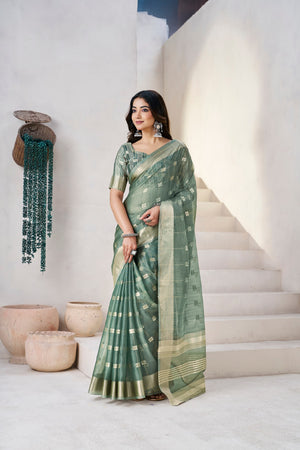 Peachmode Green Linen Cotton Silk Zari Saree - Image 1