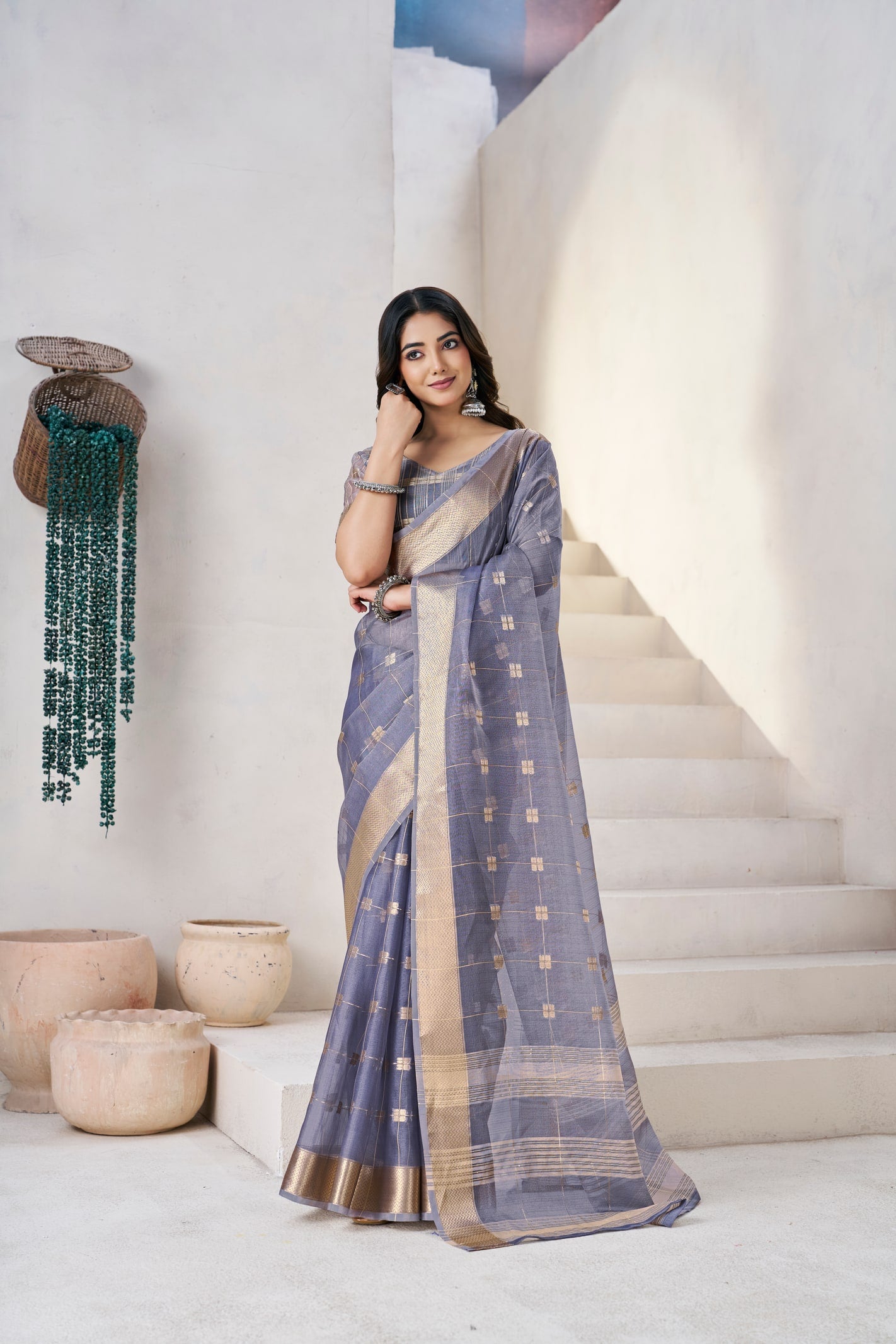 Peachmode Lavender Linen Cotton Silk Zari Saree - Image 3