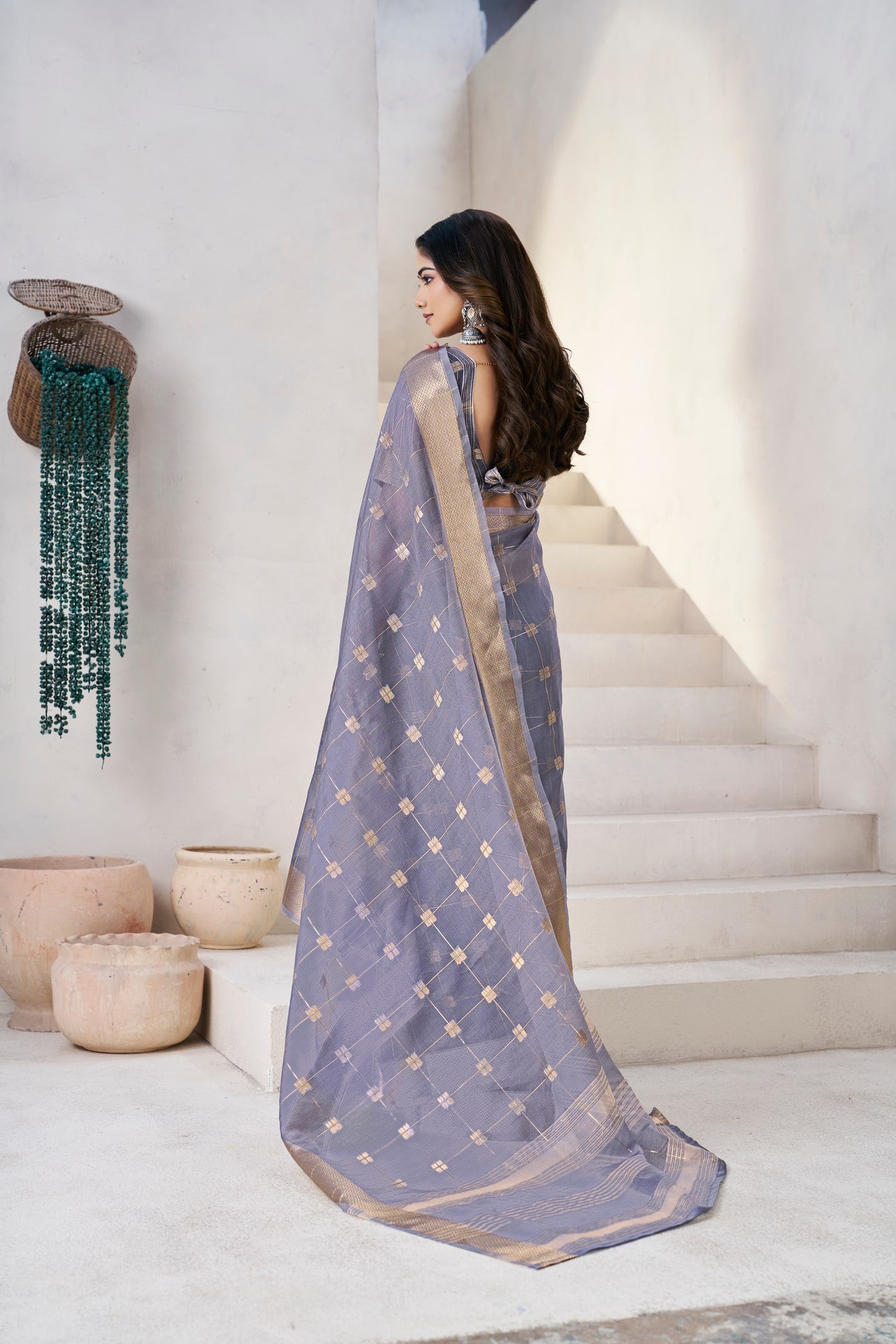 Peachmode Lavender Linen Cotton Silk Zari Saree - Image 5
