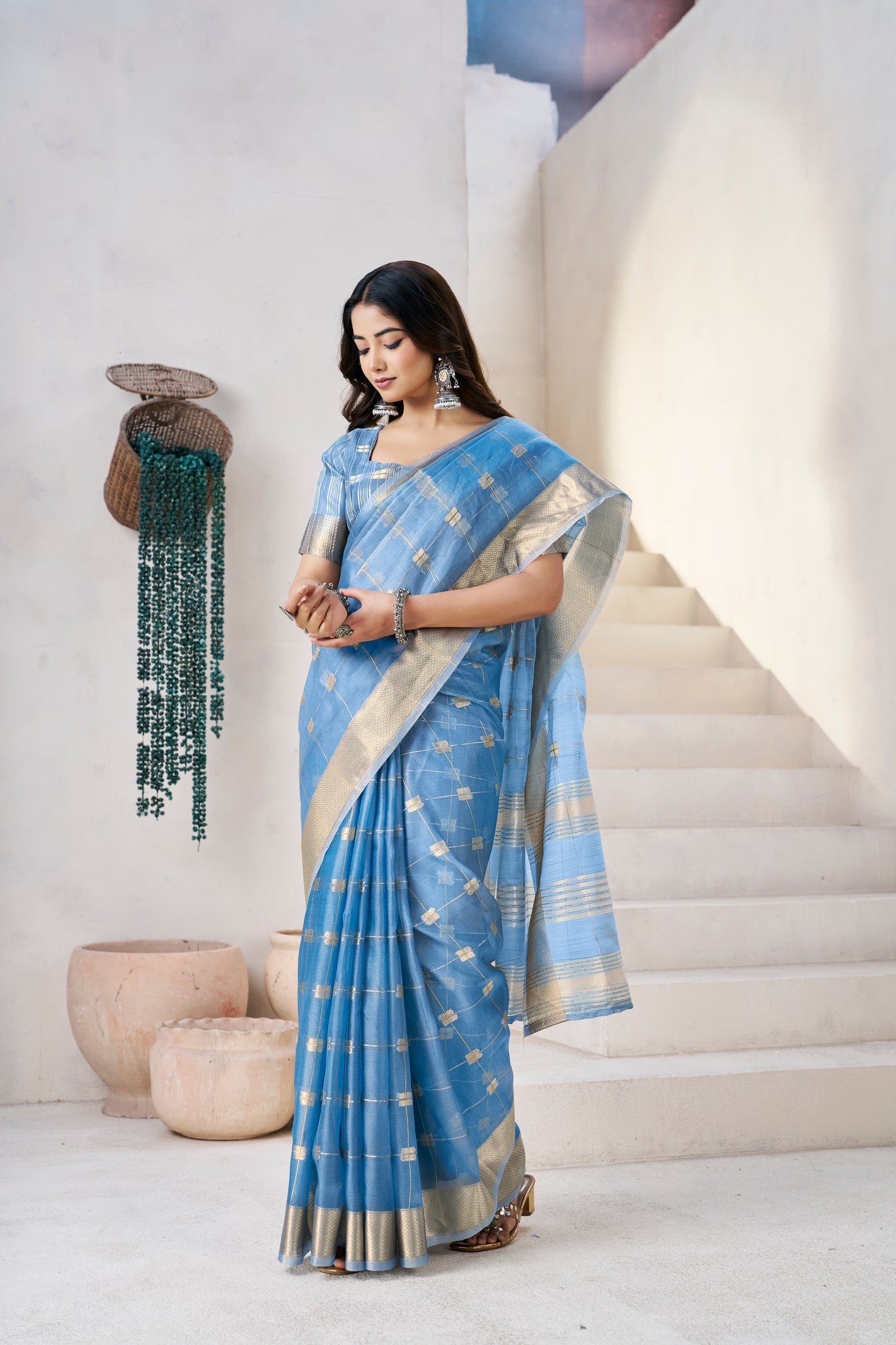 Peachmode Blue Linen Cotton Silk Zari Saree - Image 1