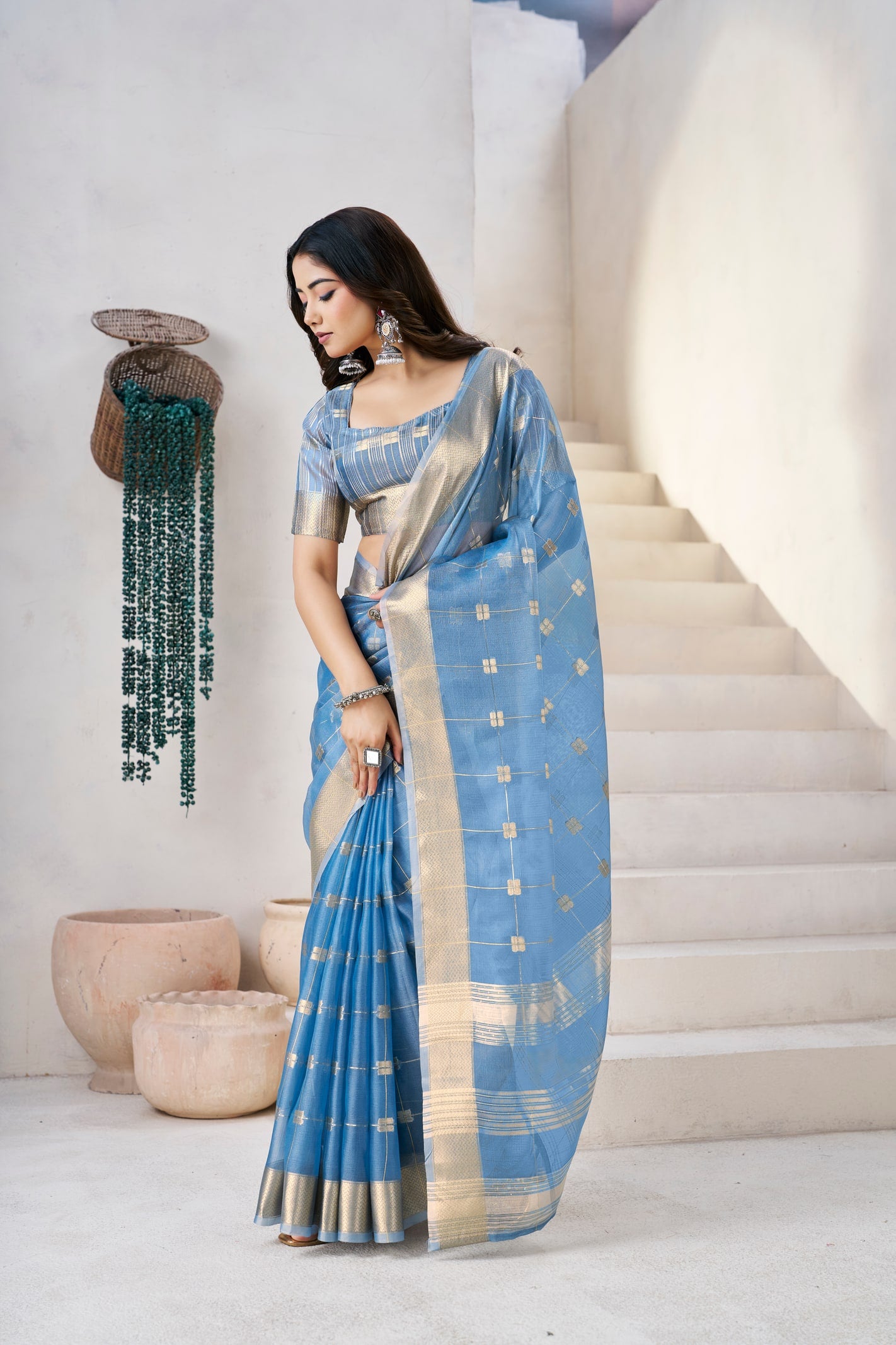 Peachmode Blue Linen Cotton Silk Zari Saree - Image 4