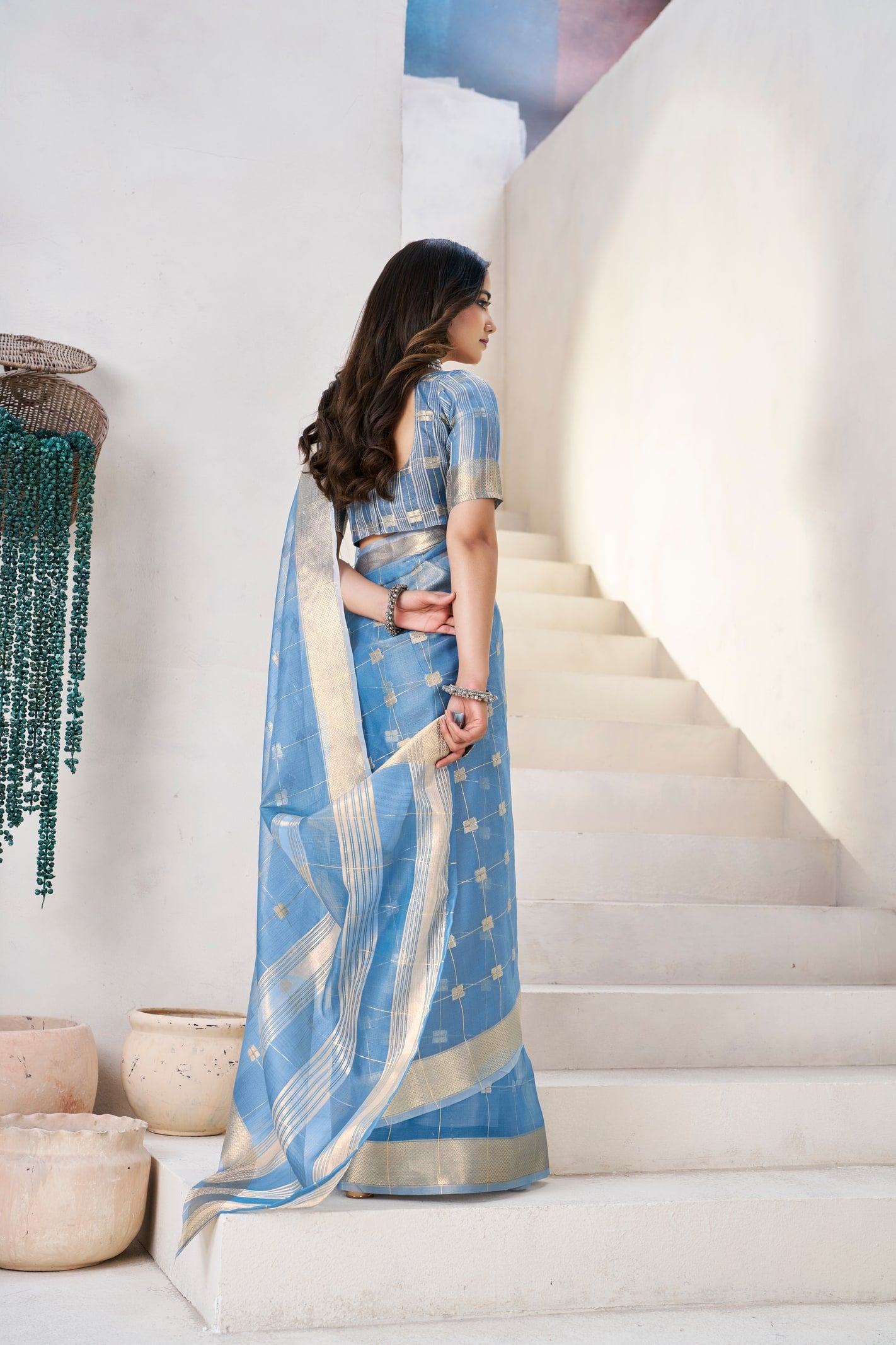 Peachmode Blue Linen Cotton Silk Zari Saree - Image 5