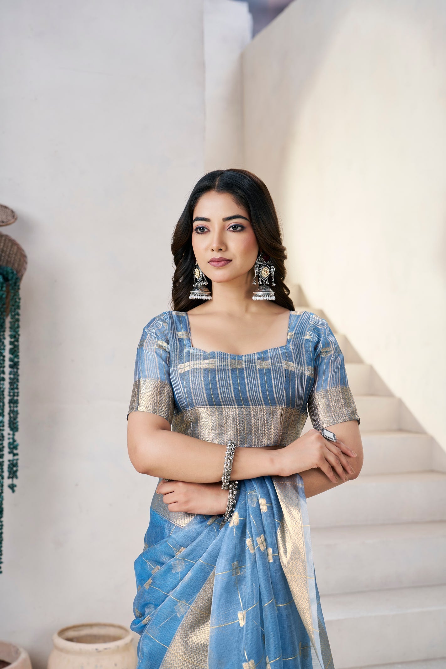 Peachmode Blue Linen Cotton Silk Zari Saree - Image 6