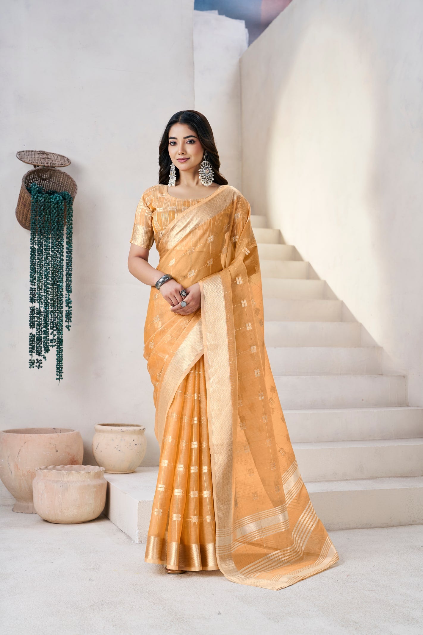 Peachmode Mustard Linen Cotton Silk Zari Saree - Image 1