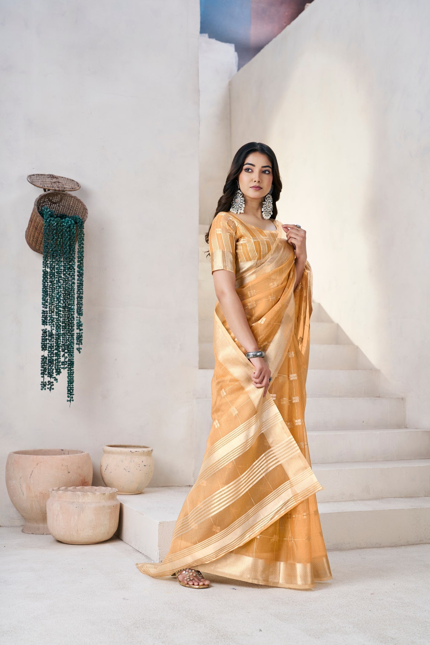 Peachmode Mustard Linen Cotton Silk Zari Saree - Image 3