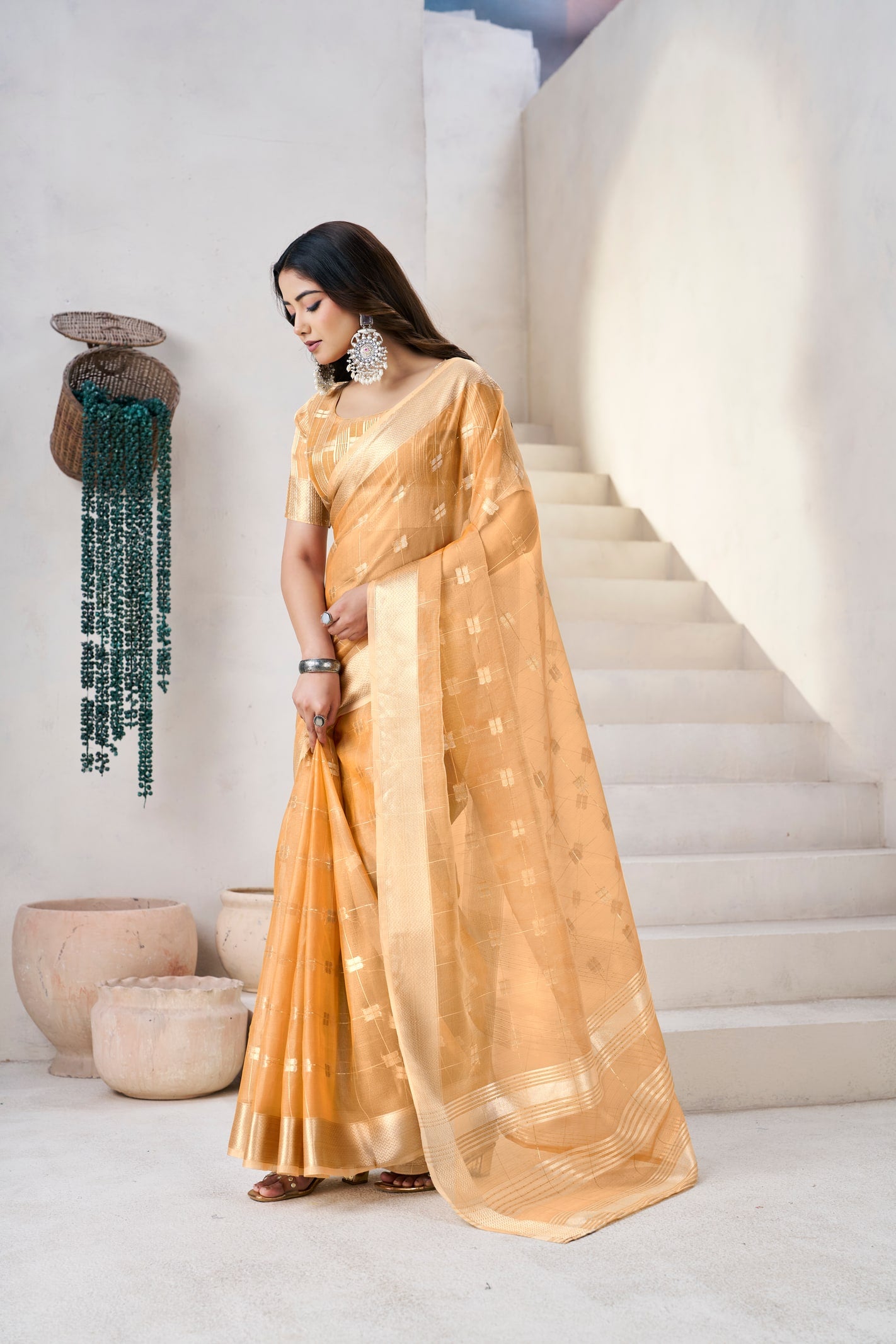 Peachmode Mustard Linen Cotton Silk Zari Saree - Image 4