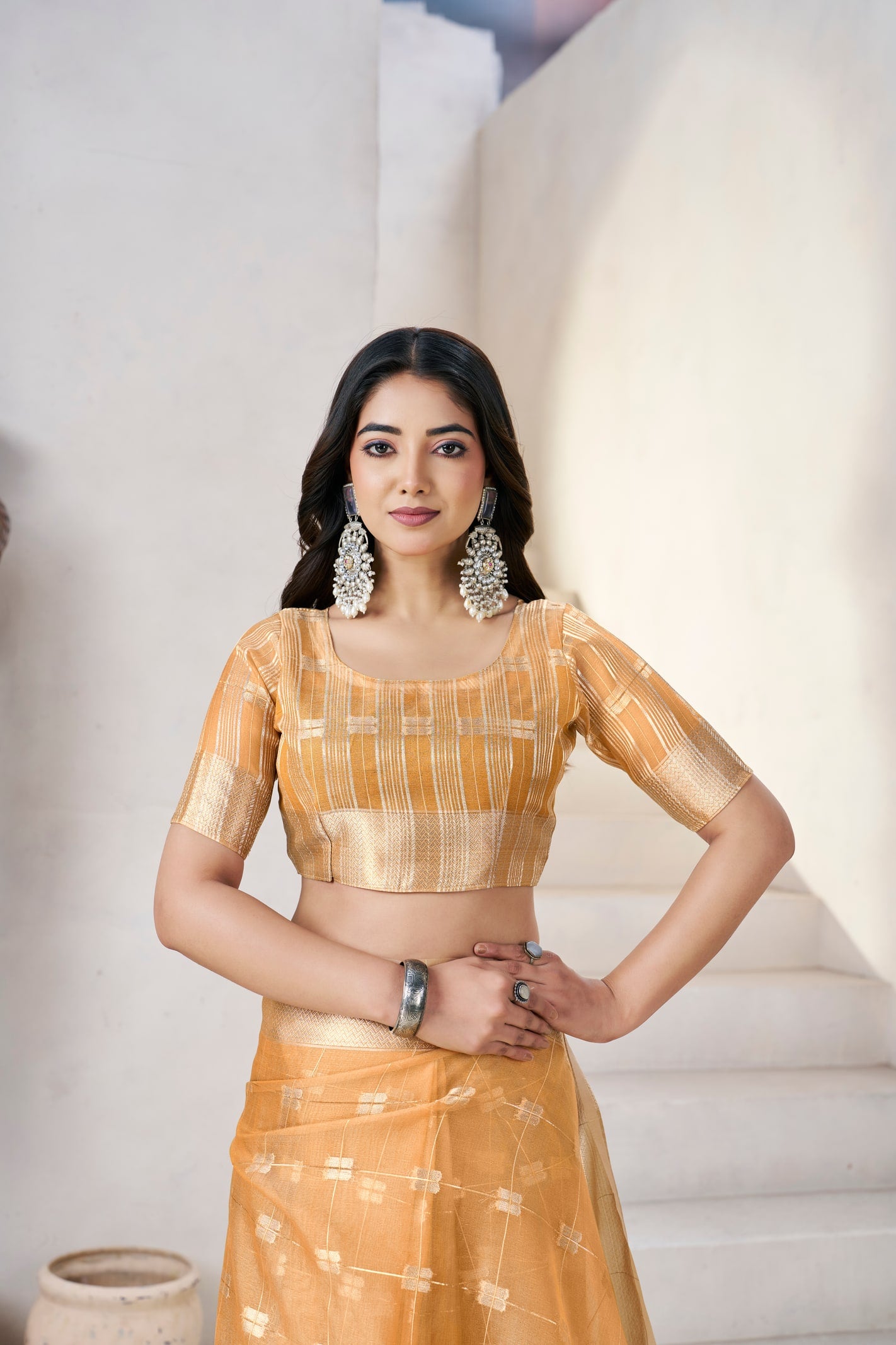 Peachmode Mustard Linen Cotton Silk Zari Saree - Image 6