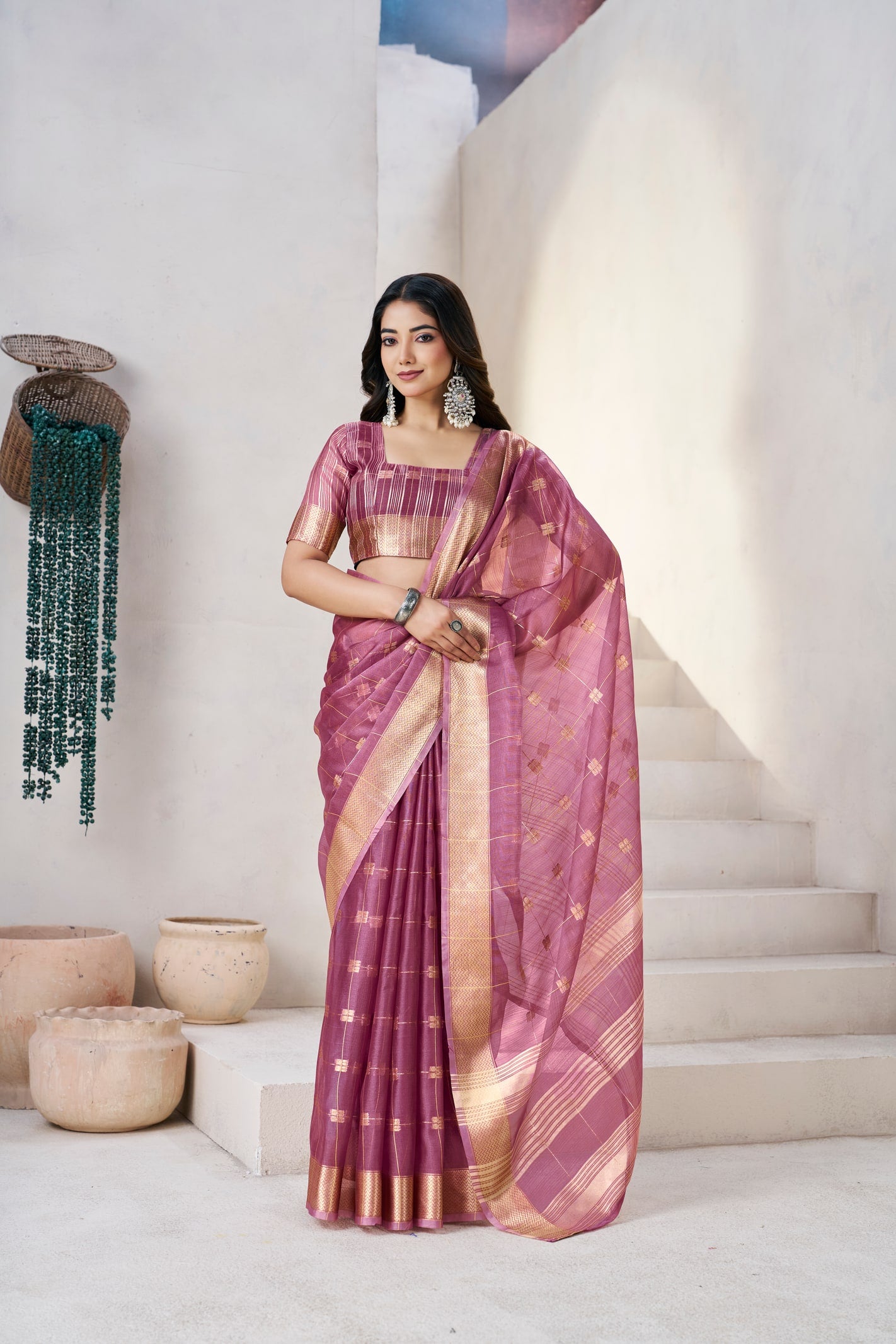 Peachmode Purple Linen Cotton Silk Zari Saree - Image 1