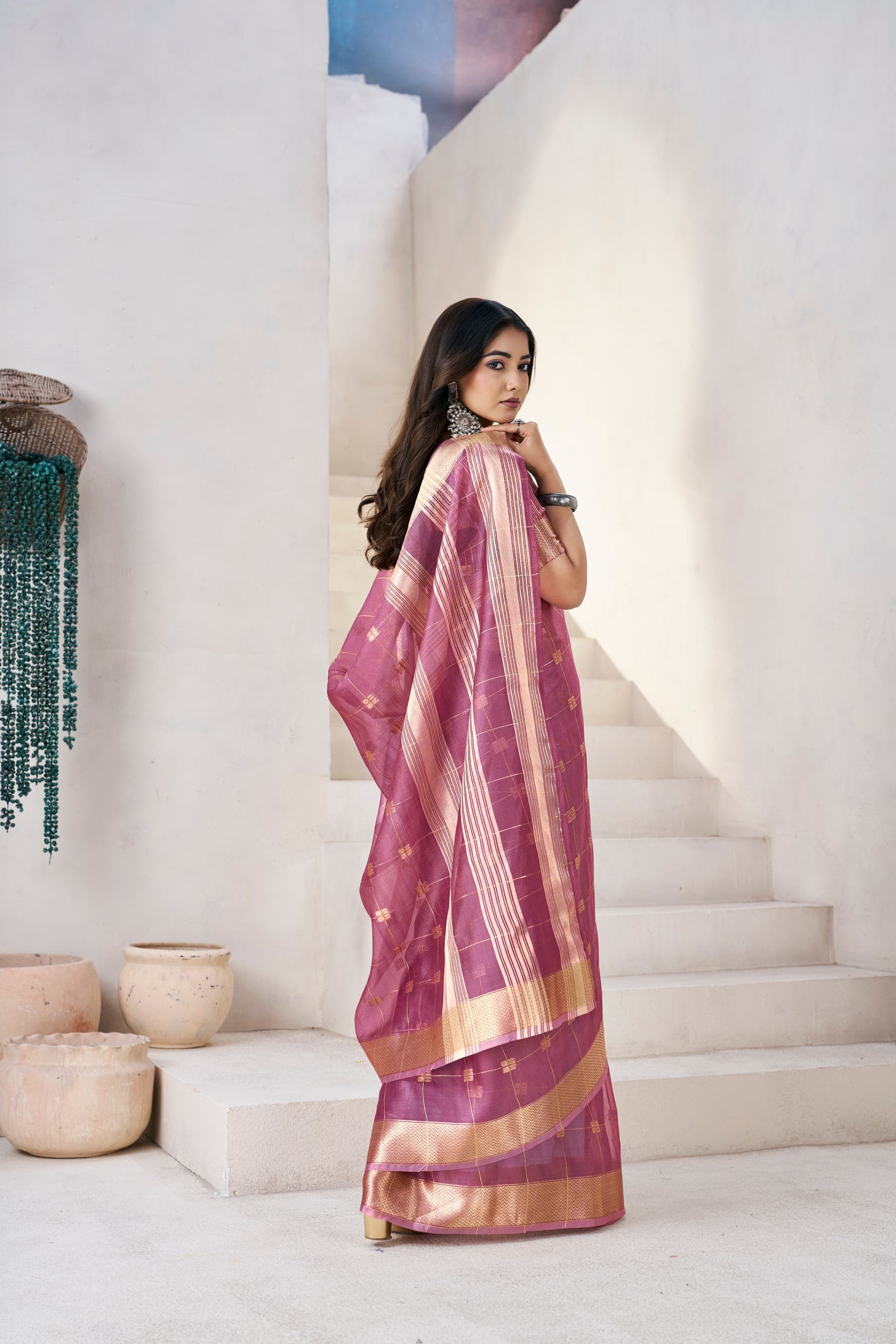 Peachmode Purple Linen Cotton Silk Zari Saree - Image 5