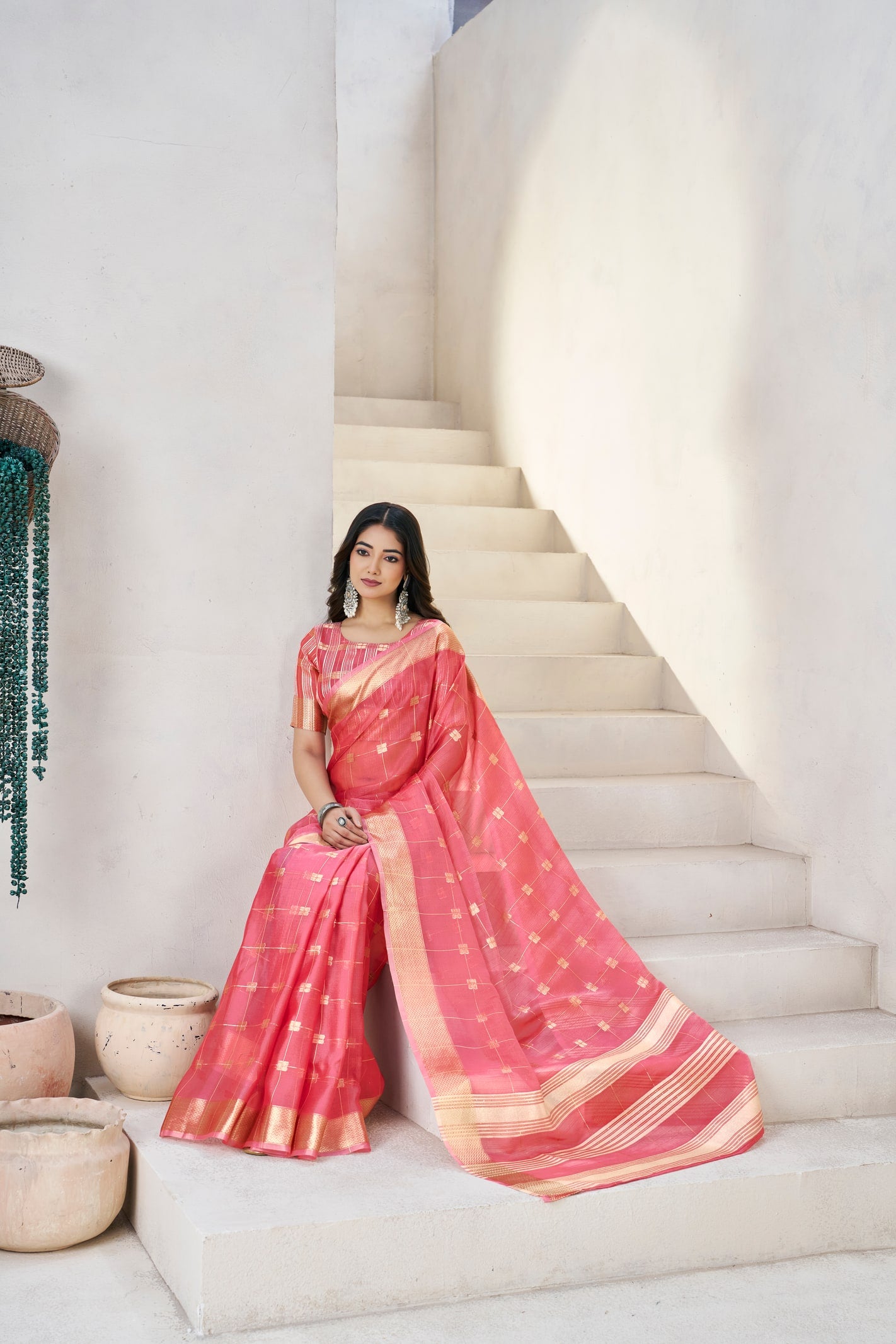 Peachmode Pink Linen Cotton Silk Zari Saree - Image 4