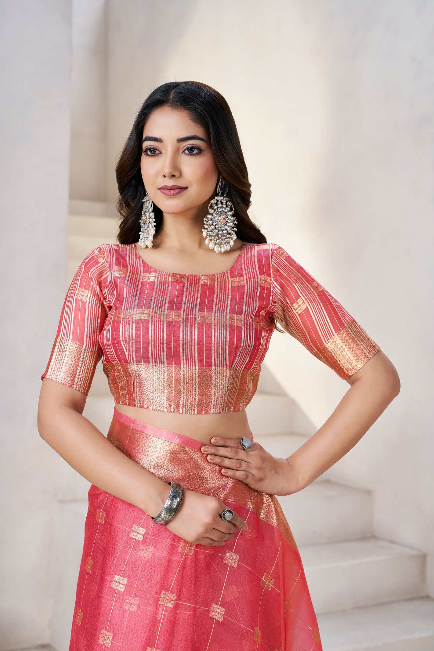 Peachmode Pink Linen Cotton Silk Zari Saree - Image 6