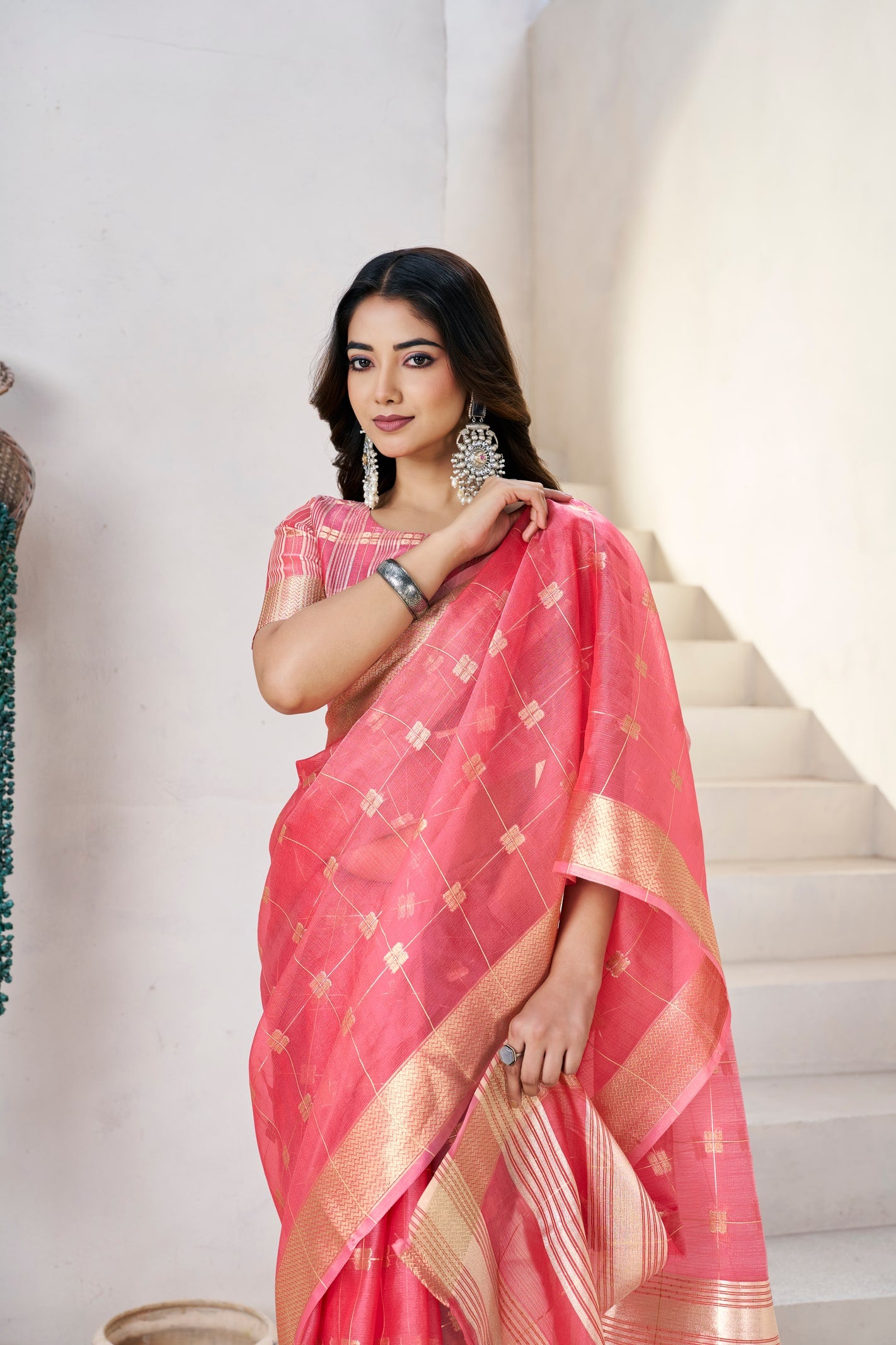 Peachmode Pink Linen Cotton Silk Zari Saree - Image 7