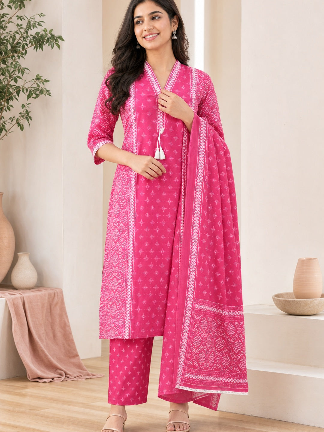 Pink Pure Cotton Printed Salwar Suit Set - Image 1